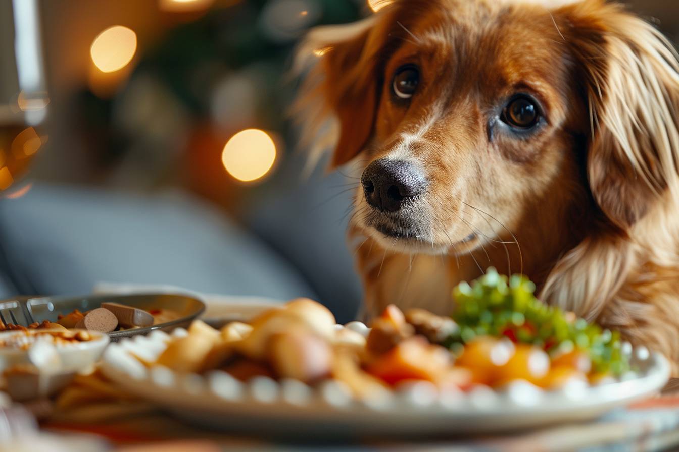 Chien curieux face à un plat de restes de table  
Animal regardant de façon gourmande de la nourriture