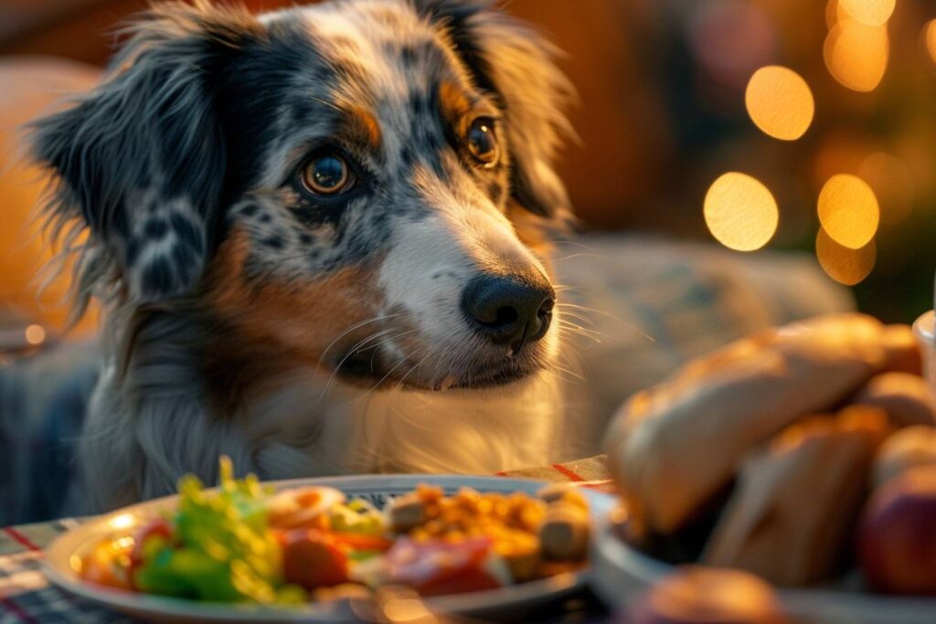 Chien curieux face à un plat de restes de table